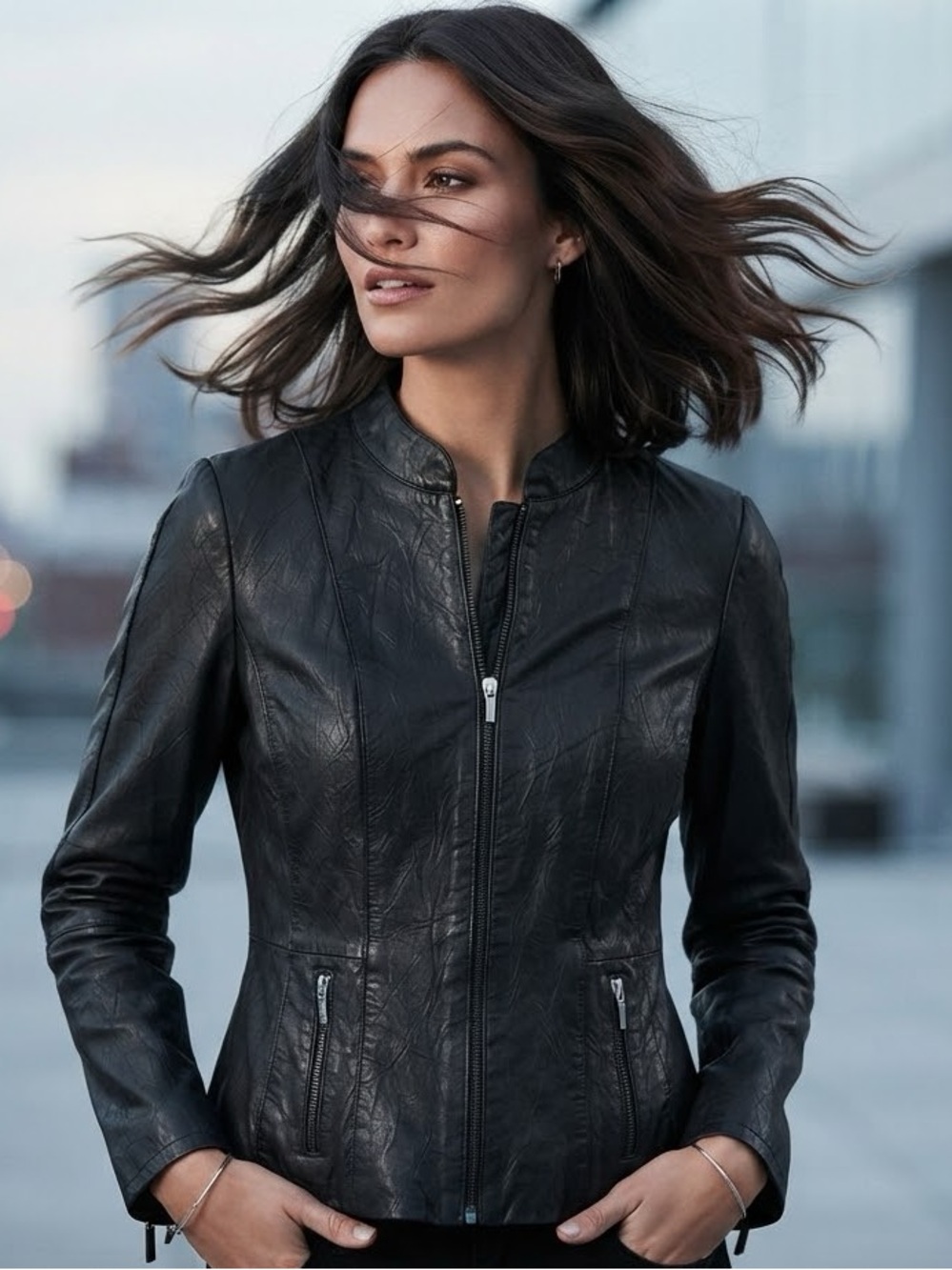 Luisa Cerano Black Genuine Leather Fitted Panel Zip Jacket Size 36 / US 6 moto